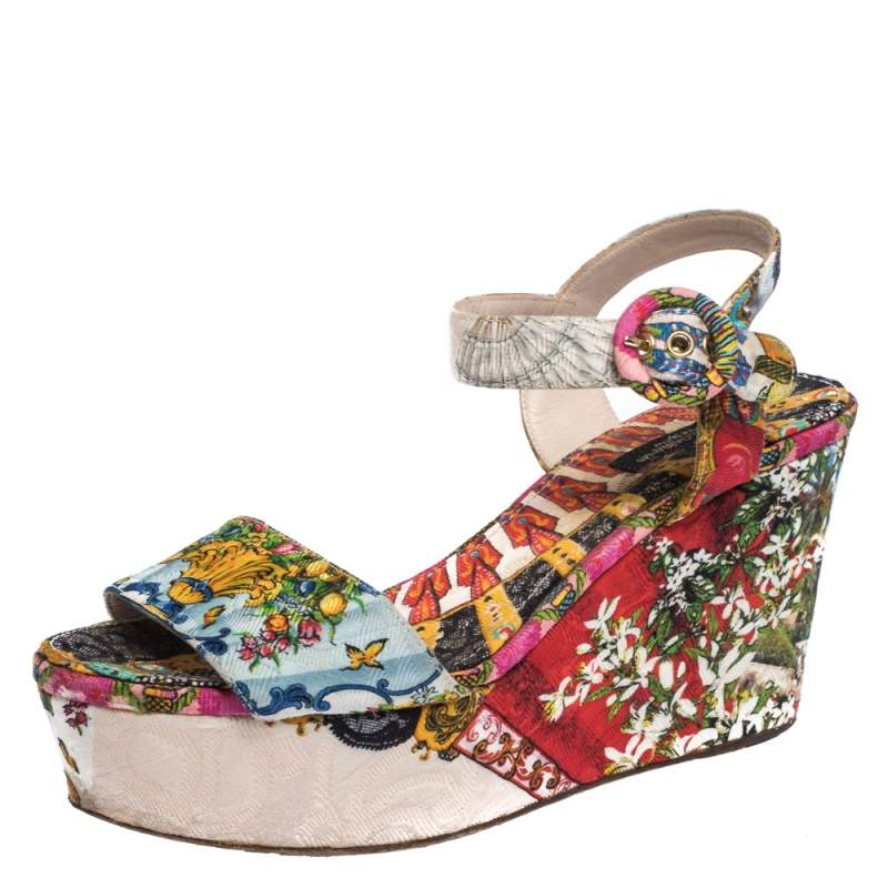 Dolce & Gabbana Multicolor Floral Print Leather Knot Wedge Sandals