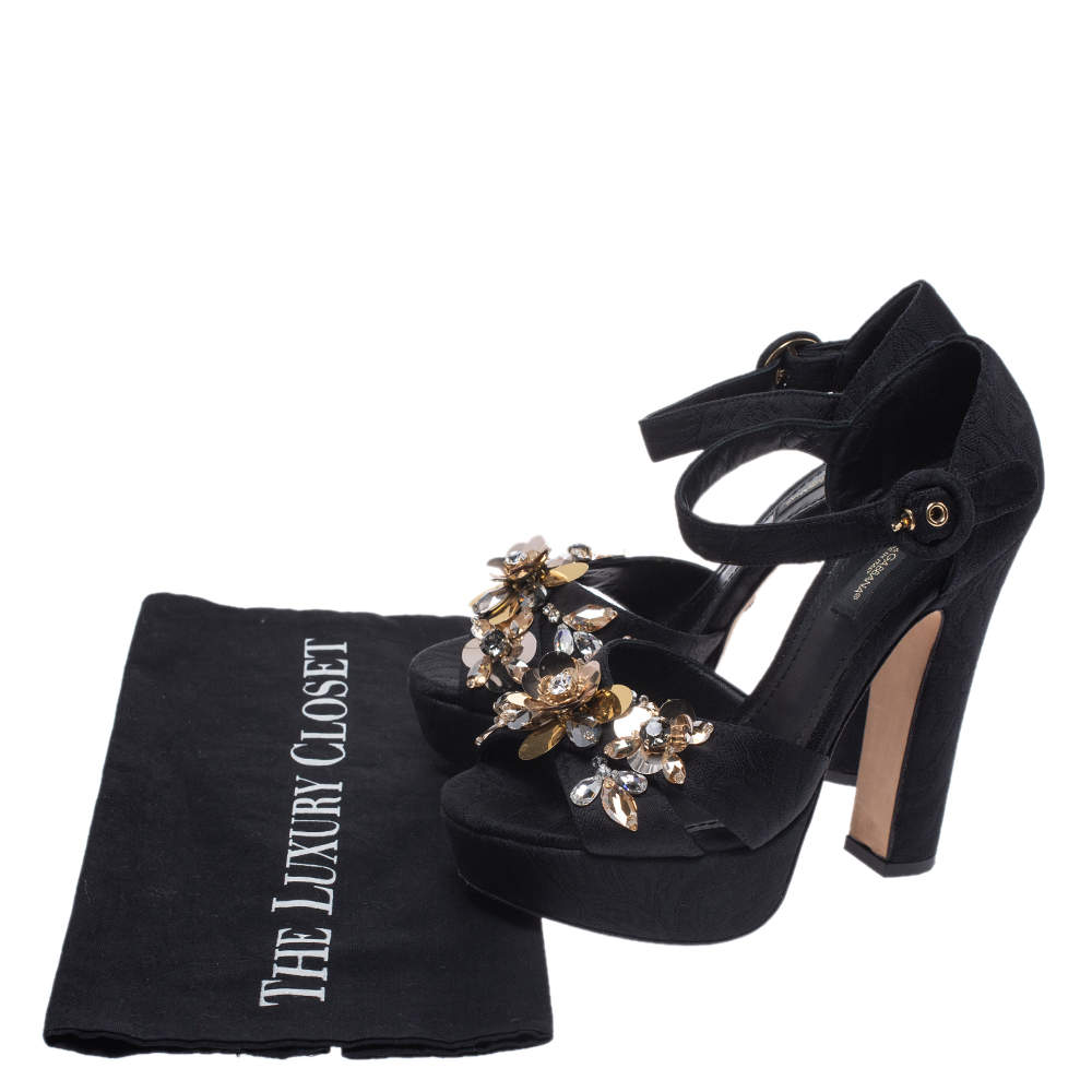 Pre Owned Dolce & Gabbana Black Brocade Fabric Embellished Cross Strap Platform Sandals Size 36