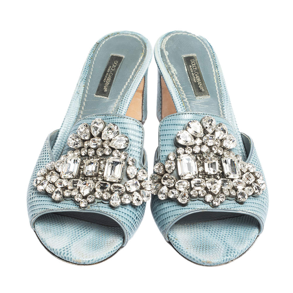 Dolce  Gabbana Light Blue Embossed Lizard Leather Crystal Embellished  Sandals Size 37 Dolce  Gabbana TLC