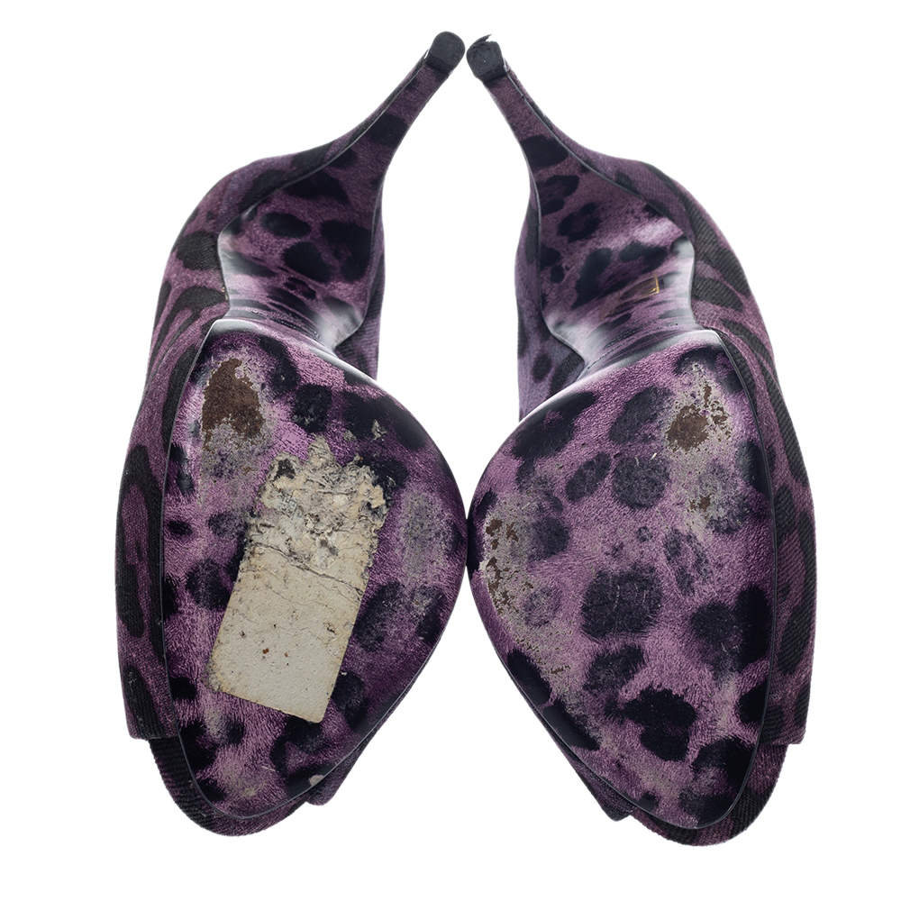 Pre Owned Dolce & Gabbana Purple/Black Leopard Print Canvas Peep Toe Pumps Size 40