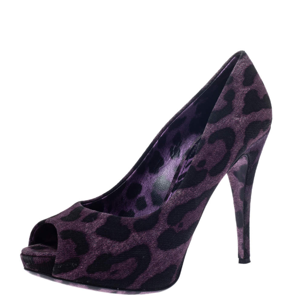 Pre Owned Dolce & Gabbana Purple/Black Leopard Print Canvas Peep Toe Pumps Size 40