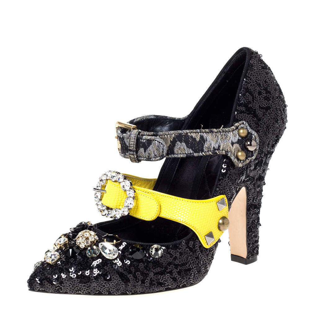 Dolce & Gabbana Black Sequins And Leather Embellished Mary Jane Pumps Size 40