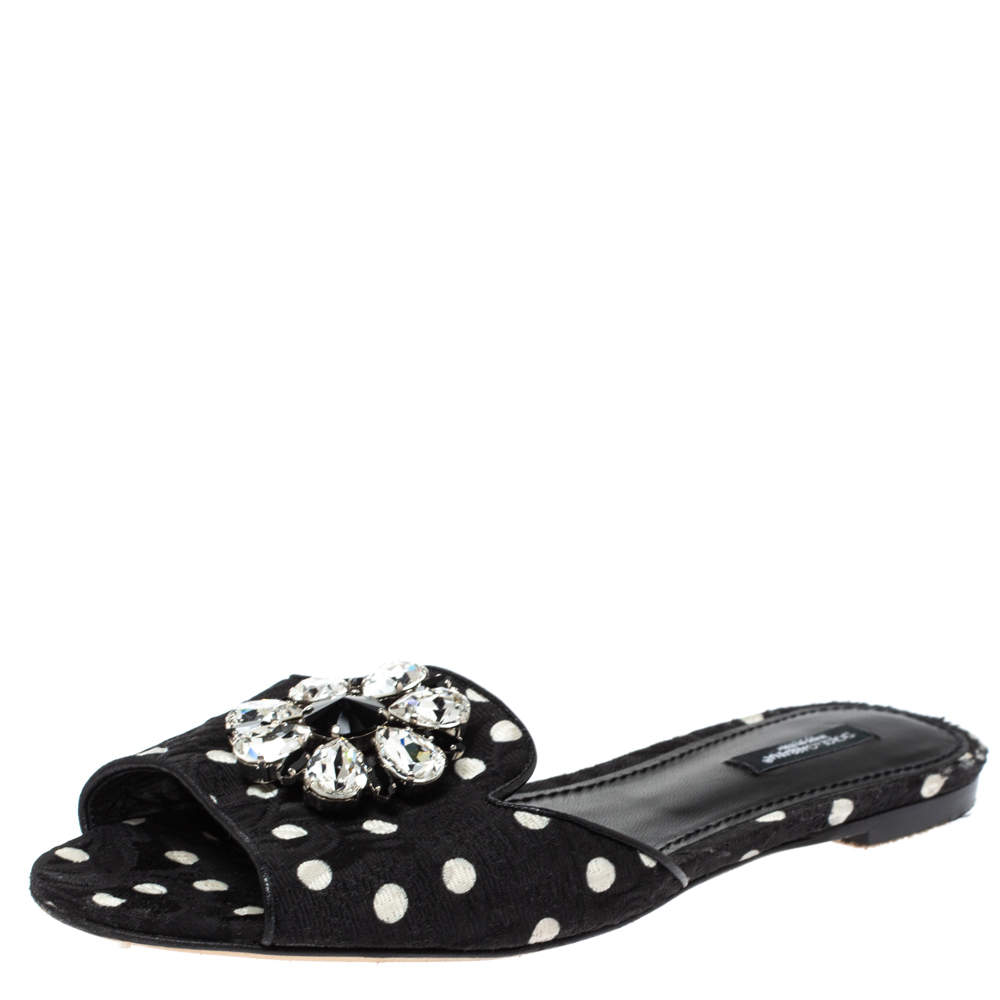 Dolce & Gabbana Black/White Polka Dot Fabric Crystal Embellished Bianca Flat Slides Size 39