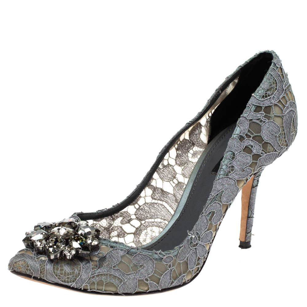 Pre Owned Dolce & Gabbana Grey Mesh and Lace Crystal Embellished Bellucci Pumps Size 39.5