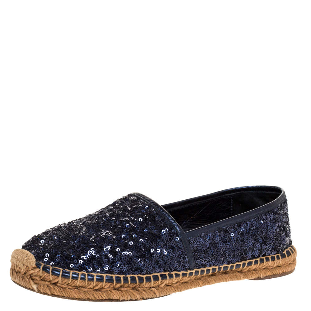Dolce & Gabbana Metallic Blue Sequins and Leather Trim Espadrille Flats Size 41