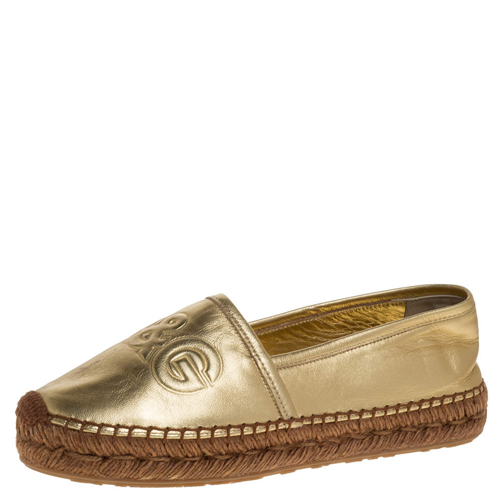 Dolce & Gabbana Metallic Gold Leather Logo Embossed Slip On