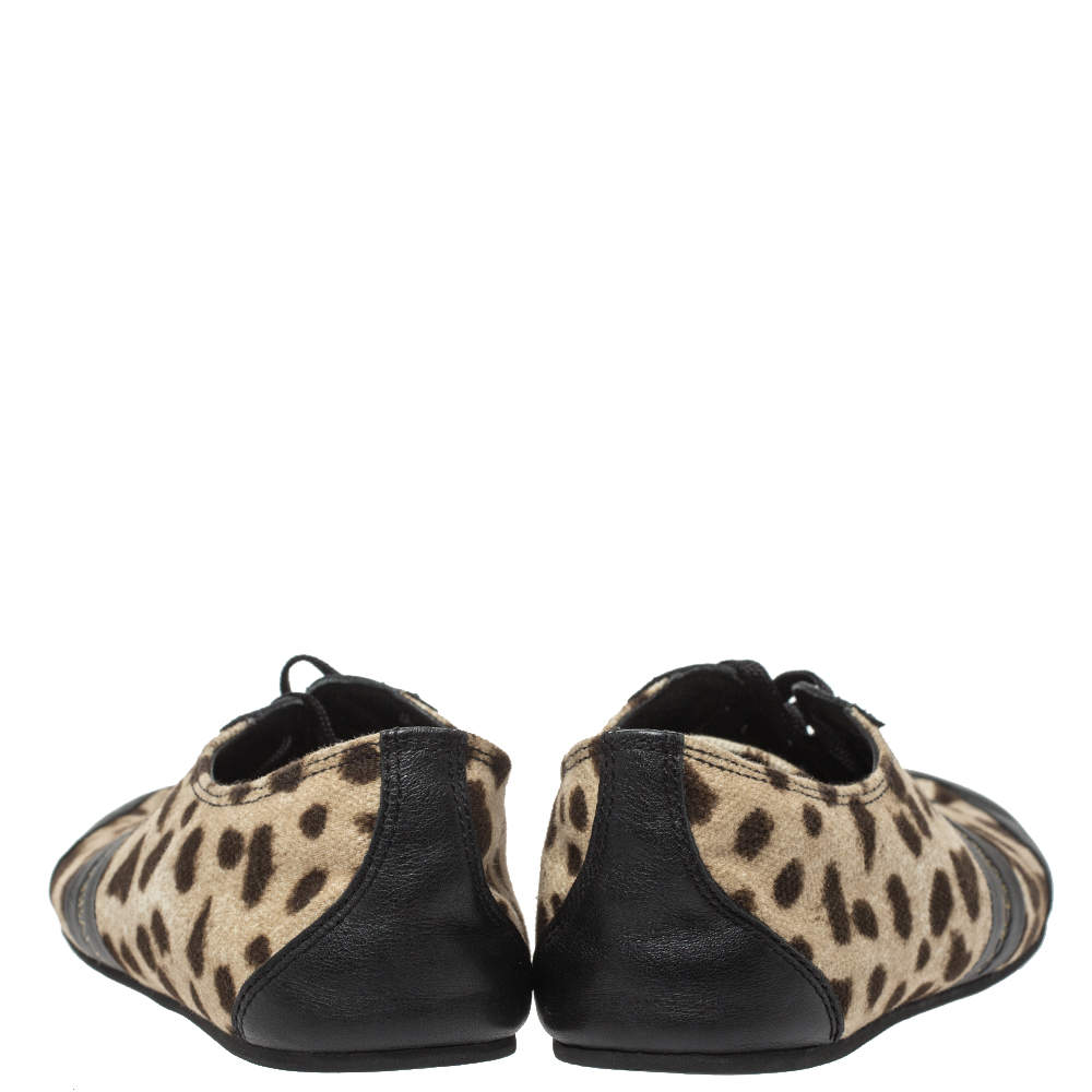 Pre Owned Dolce & Gabbana Brown/Black Leopard  Print Canvas And Leather Canvas Low Top Sneakers Size 36