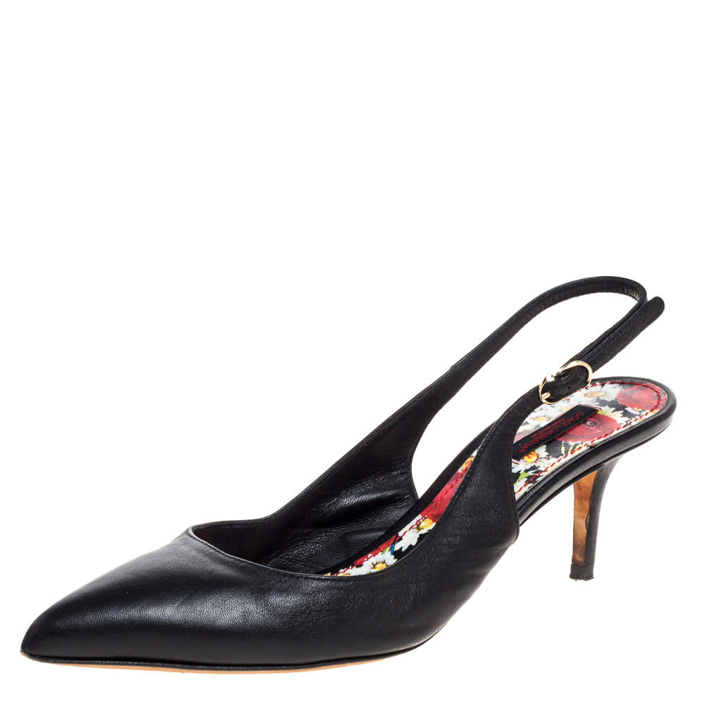 Dolce & Gabbana Black Leather Slingback Pointed Toe Sandals Size 39.5