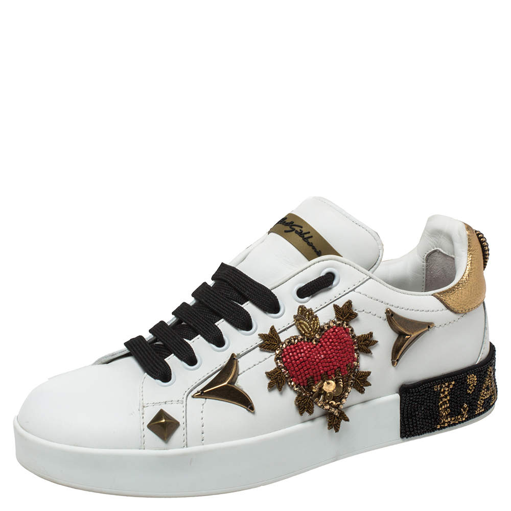 Dolce and Gabbana White Leather Portofino Embellished Low Top Sneakers ...