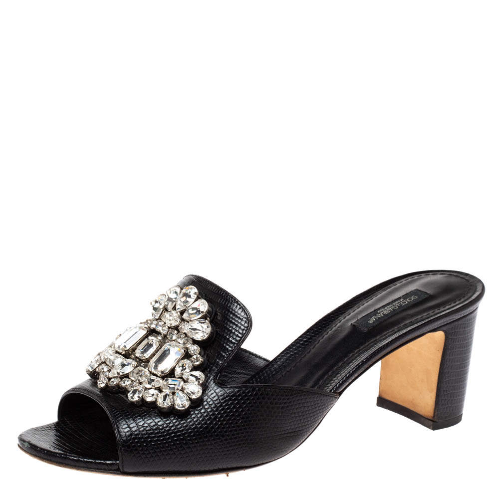 Pre Owned Dolce & Gabbana Black Lizard Embossed Leather Crystal Embellished Slide Sandals Size 40