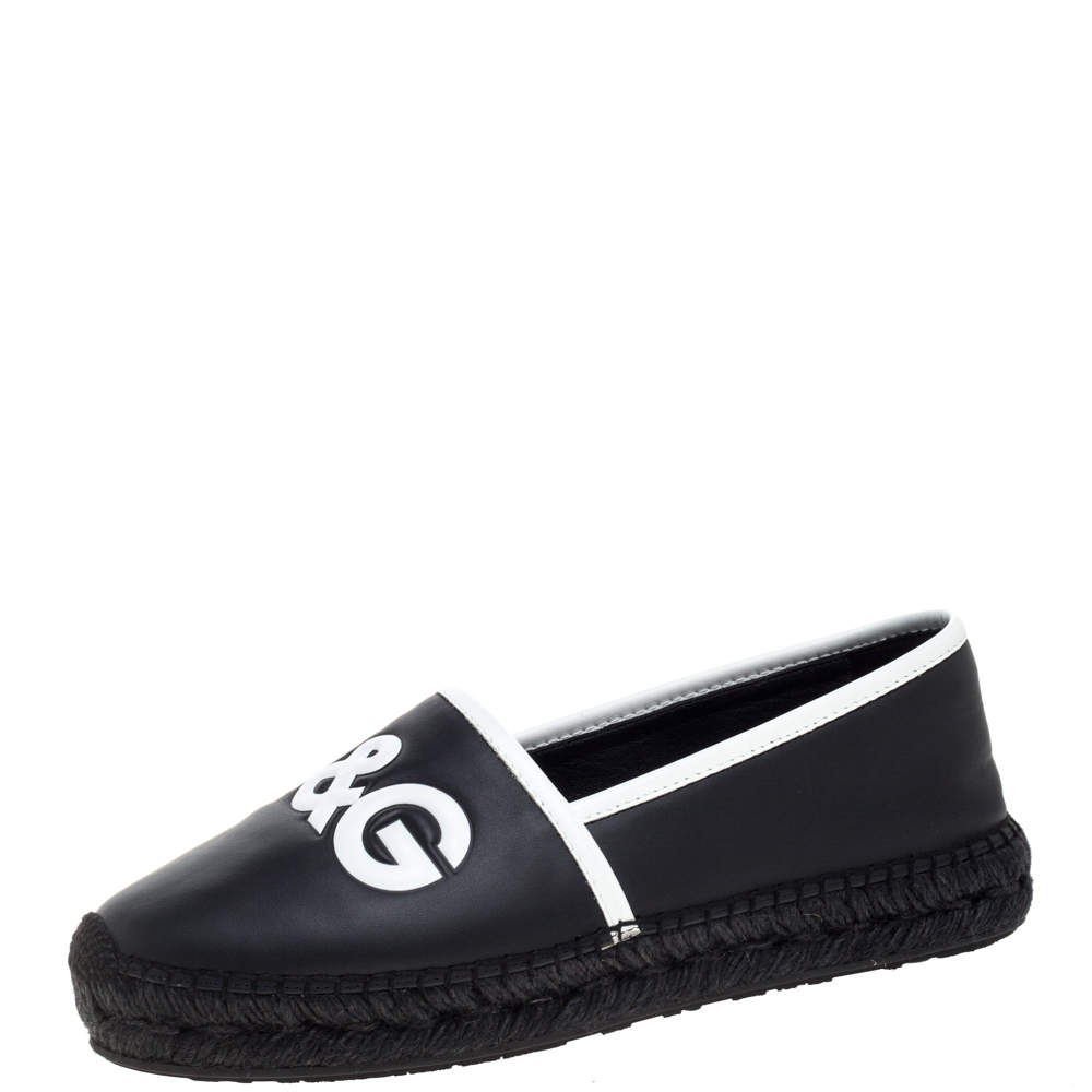 Pre Owned Dolce & Gabbana Black/White Leather Logo Embossed Slip On Espadrille Size 40