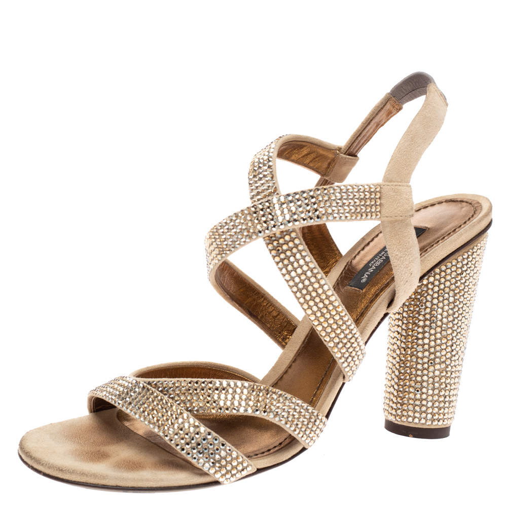 Pre Owned Dolce & Gabbana Beige Suede Crystal Embellished Slingback Sandals Size 38