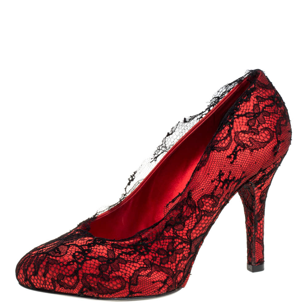 Dolce & Gabbana Red/Black Satin and Lace D'orsay Pumps Size 38