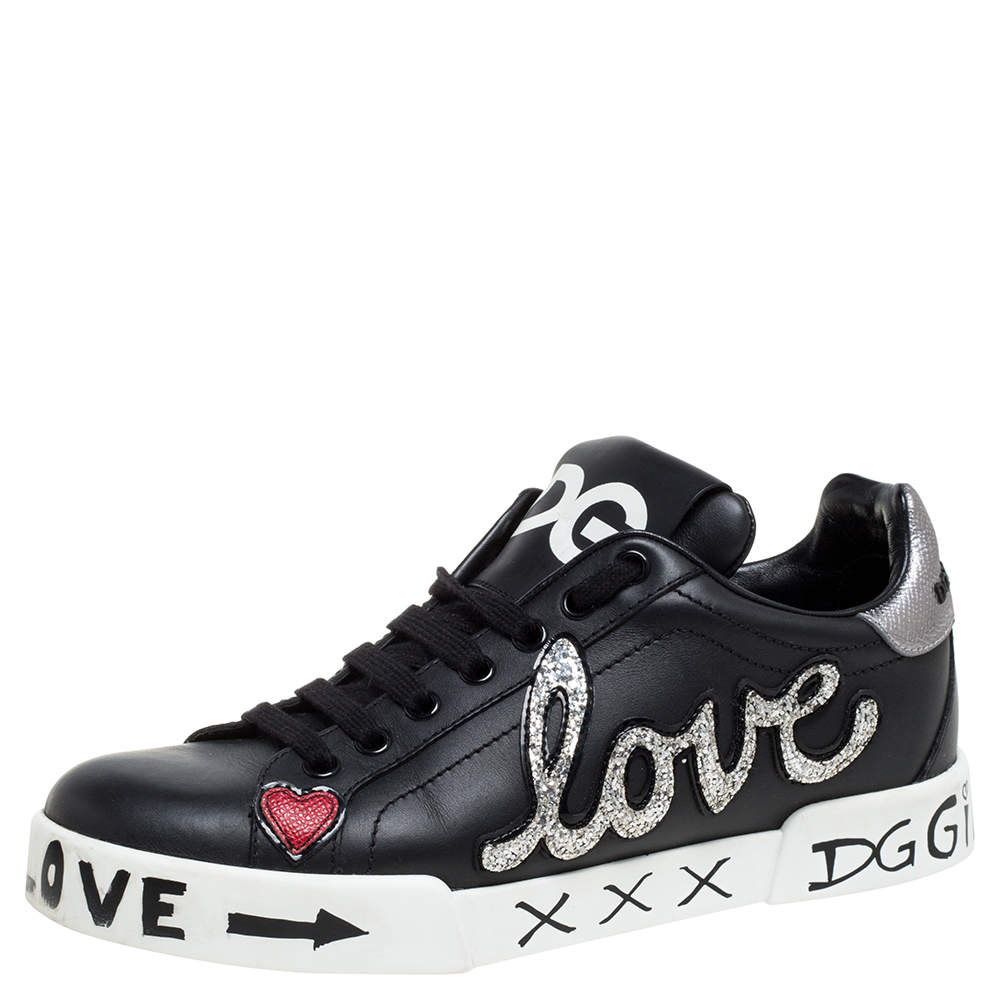 Dolce & Gabbana Black Leather Portofino Love Patch Low Top Sneakers Size 38  Dolce & Gabbana | TLC