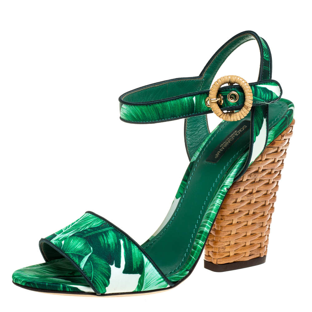 Pre Owned Dolce & Gabbana Green Leaf Print Satin Ankle Strap Sandals Size 38