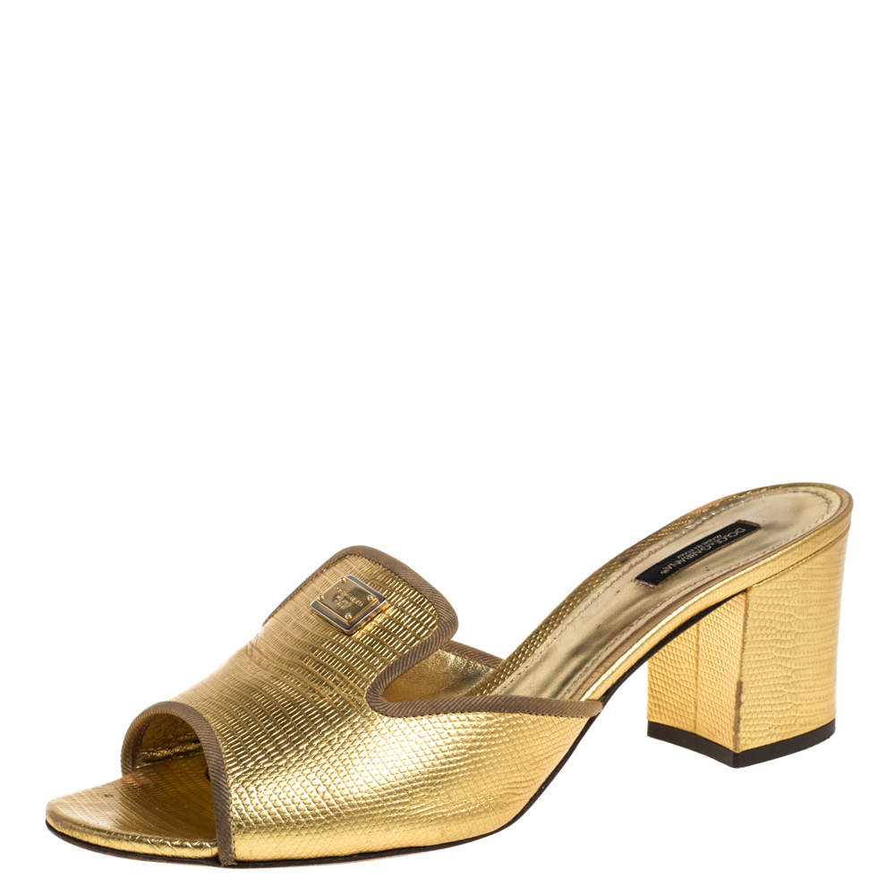Dolce & Gabbana Metallic Gold Lizard Leather Open Toe Sandals Size 41