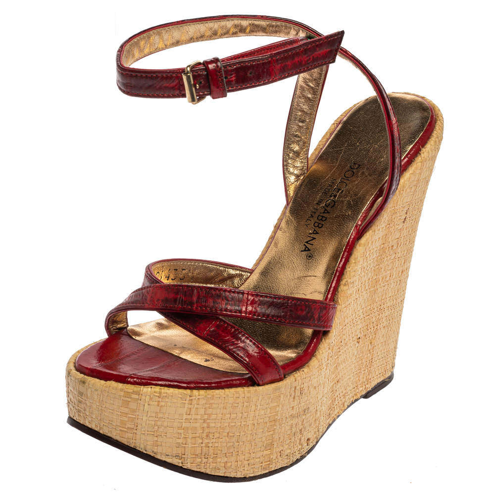 Dolce & Gabbana Red/Maroon Leather Raffia Wedge Ankle Wrap Sandals Size 35.5