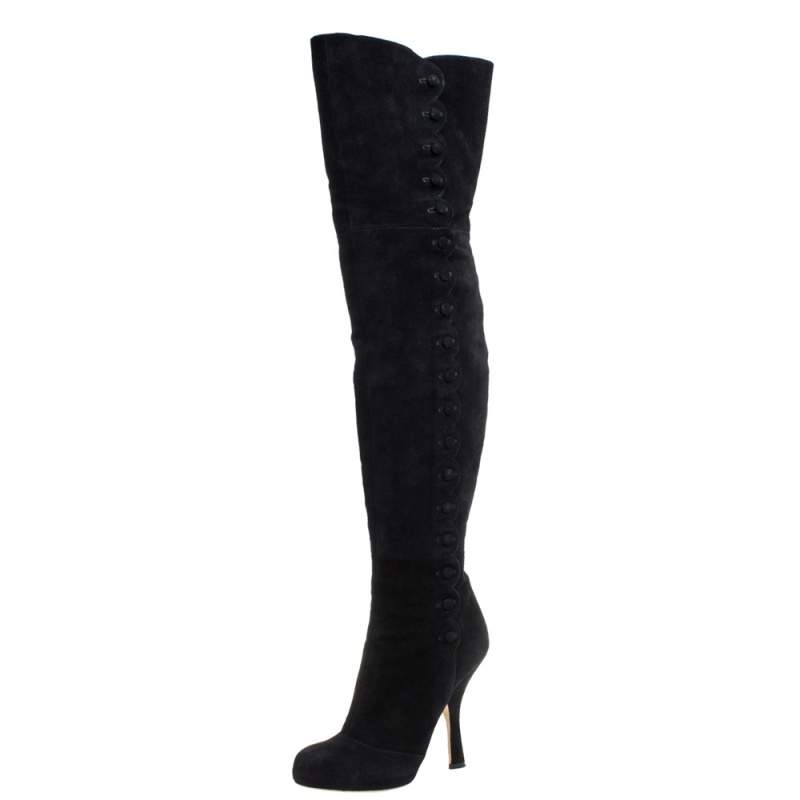 Pre Owned Dolce & Gabbana Black Suede Button Embellished Over the Knee Boots Size 40