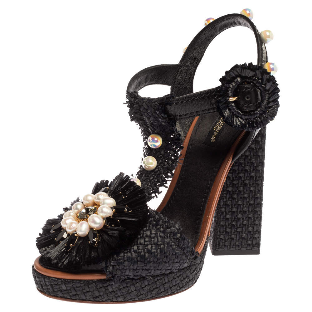 Dolce & Gabbana Black Raffia Pearl Embellished T Strap Platform Sandals Size 38