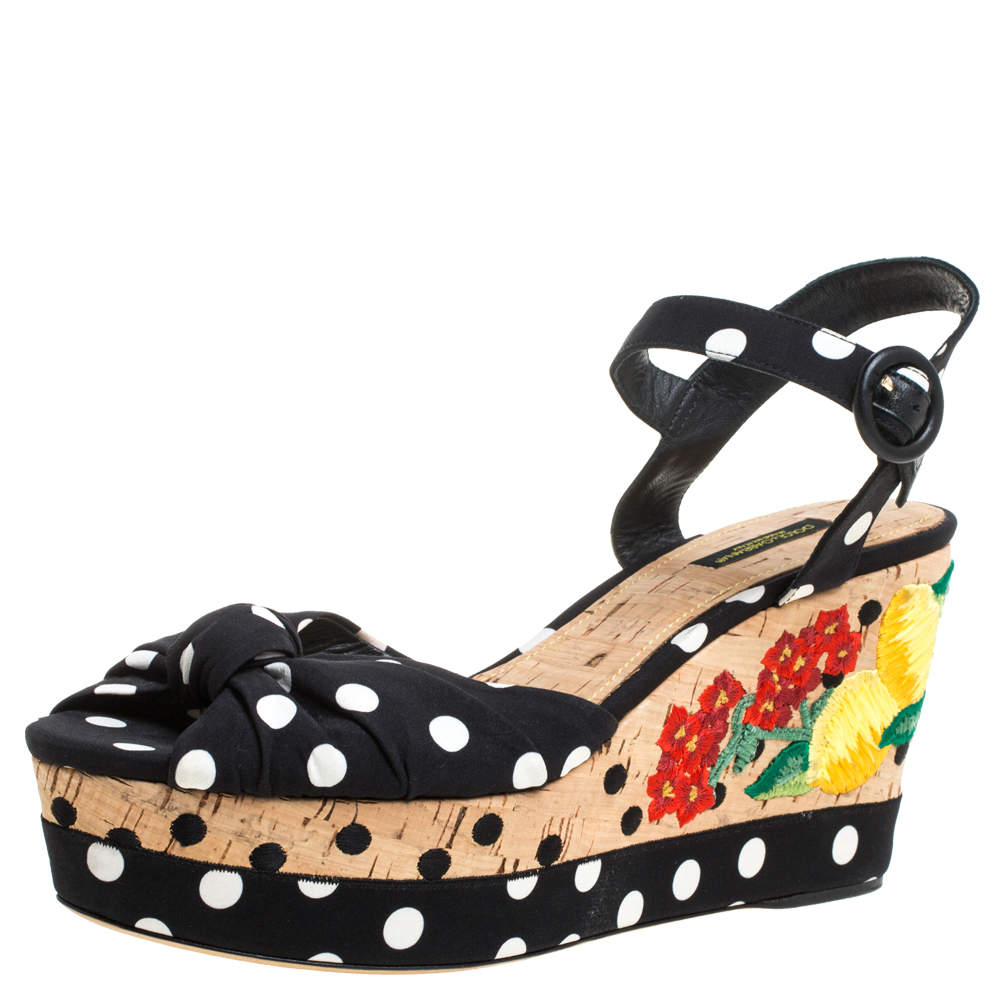 Dolce & Gabbana Multicolor Fabric And Leather Polka Dot Embroidered Knotted Bow Wedge Sandals Size 40