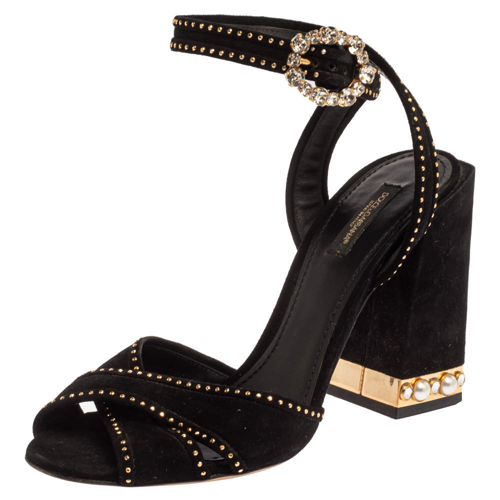 Dolce & Gabbana Black Suede Crystal Embellished Block Heel Sandals Size 39