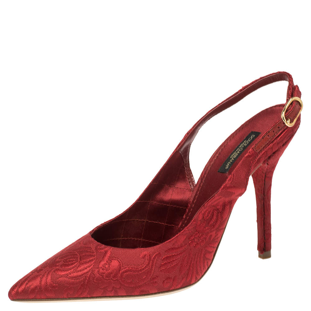 Dolce & Gabbana Red Brocade Fabric Slingback Sandals 37.5