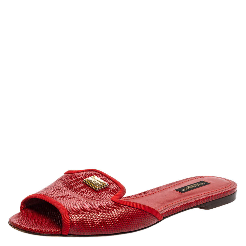 Pre Owned Dolce & Gabbana Red Lizard Embossed Leather Flat Slides Size 38