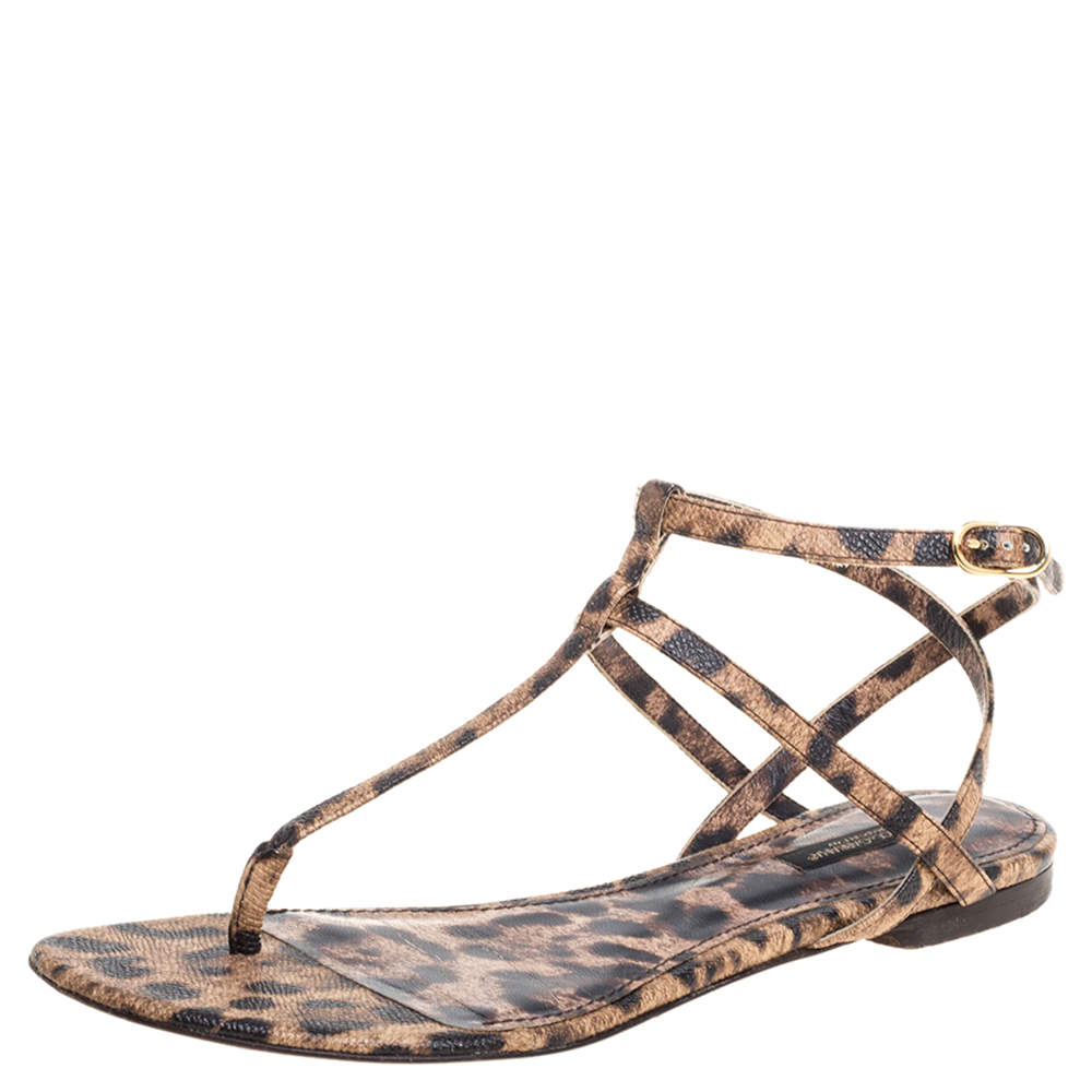 Dolce & Gabbana  Leopard Print Leather T Strap Thong Flats Size 39