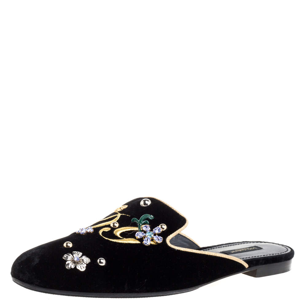 Pre Owned Dolce & Gabbana Black Velvet Jackie Mules Size 40.5