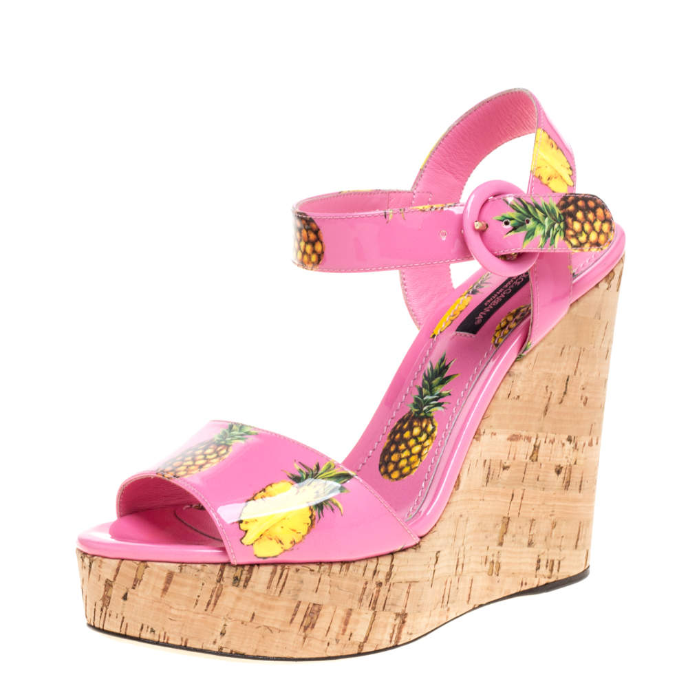 Dolce & Gabbana Pink Patent Pineapple Print Cork Platform Wedge Sandals Size 39