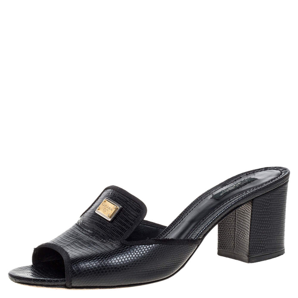 Pre Owned Dolce & Gabbana Black Lizard Embossed Leather Slide Sandals Size 40