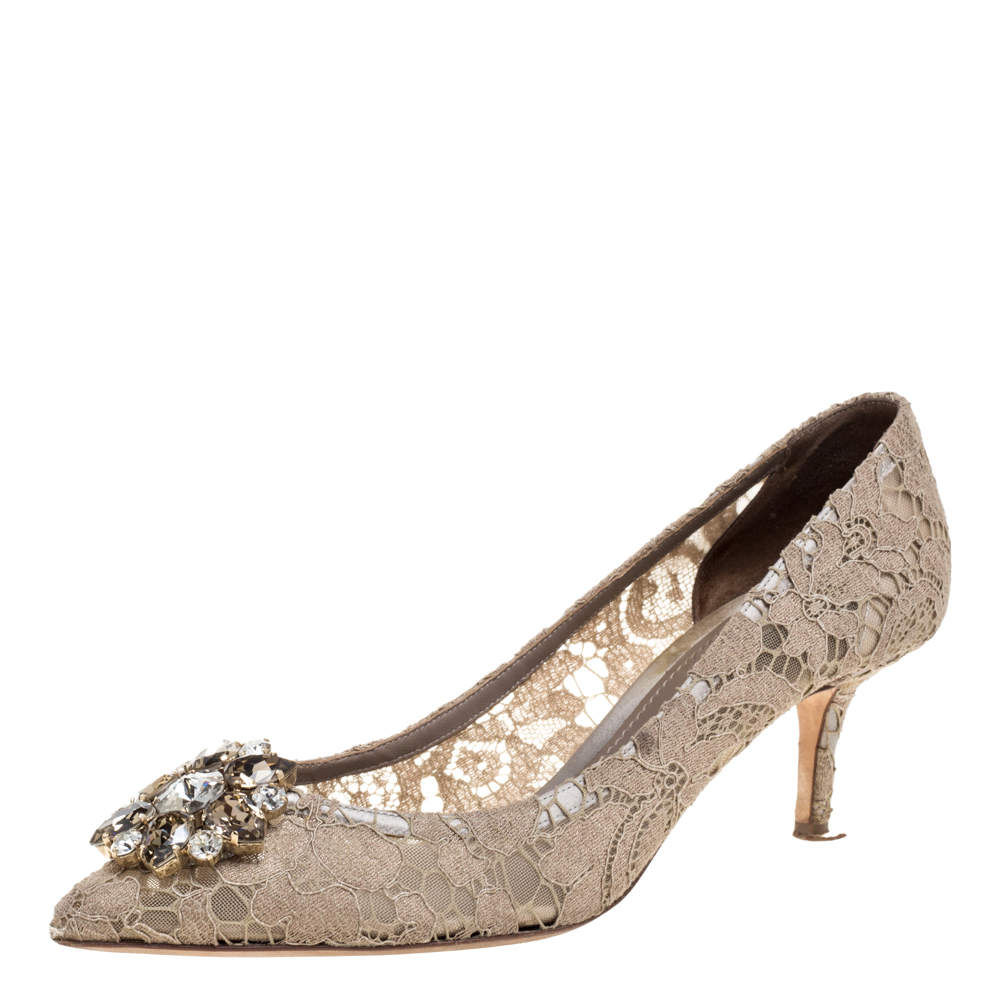 Pre Owned Dolce and Gabbana Beige Brocade Lace Bellucci Crystal Embellished Pointed Toe Pumps Size 40.5