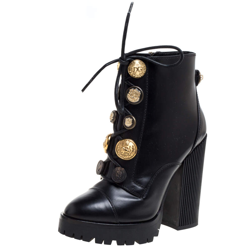 Pre Owned Dolce and Gabbana Black Leather Pearl/Button Embellished Platform Combat Ankle Boots Size 38