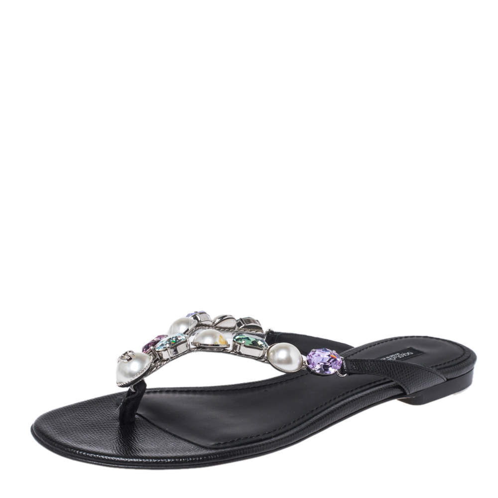 Dolce & Gabbana Black Leather Crystal Embellished Thong Flat Sandals ...
