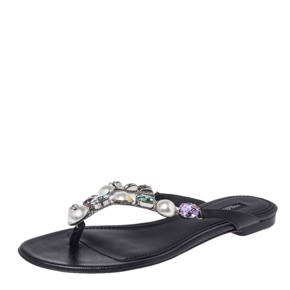 Pre Owned Dolce & Gabbana Black Leather Crystal Embellished Thong Flat Sandals Size 38