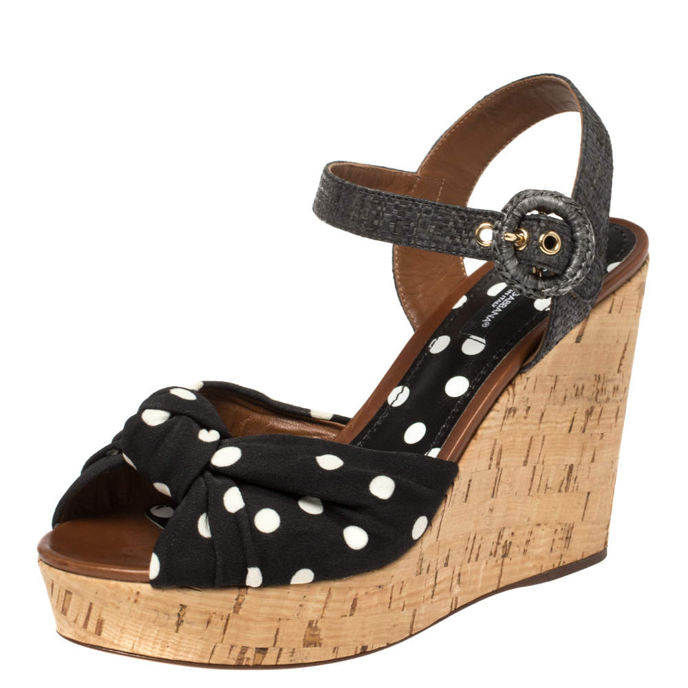 Dolce & Gabbana Black Polka Dot Fabric and Raffia Knot Cork Wedge Sandals Size 37