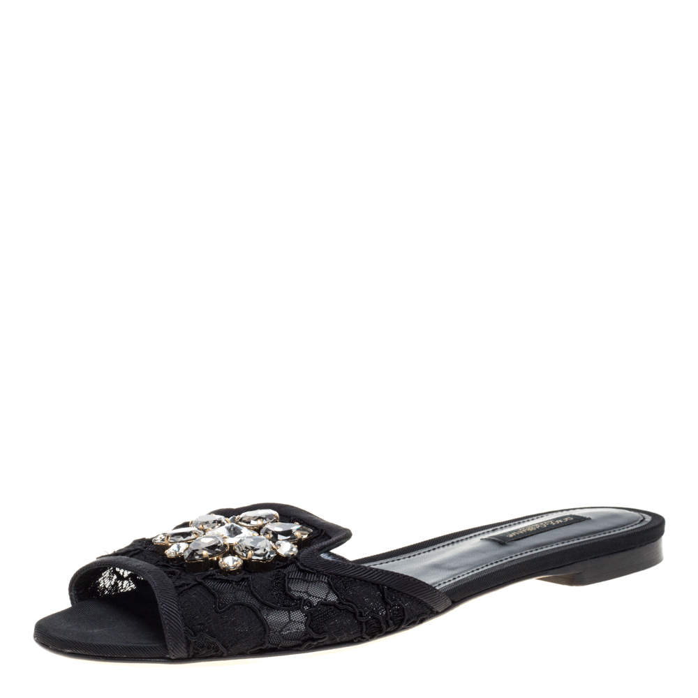 Dolce and Gabbana Black Lace Sofia Crystal Embellished Slides Size 38.5