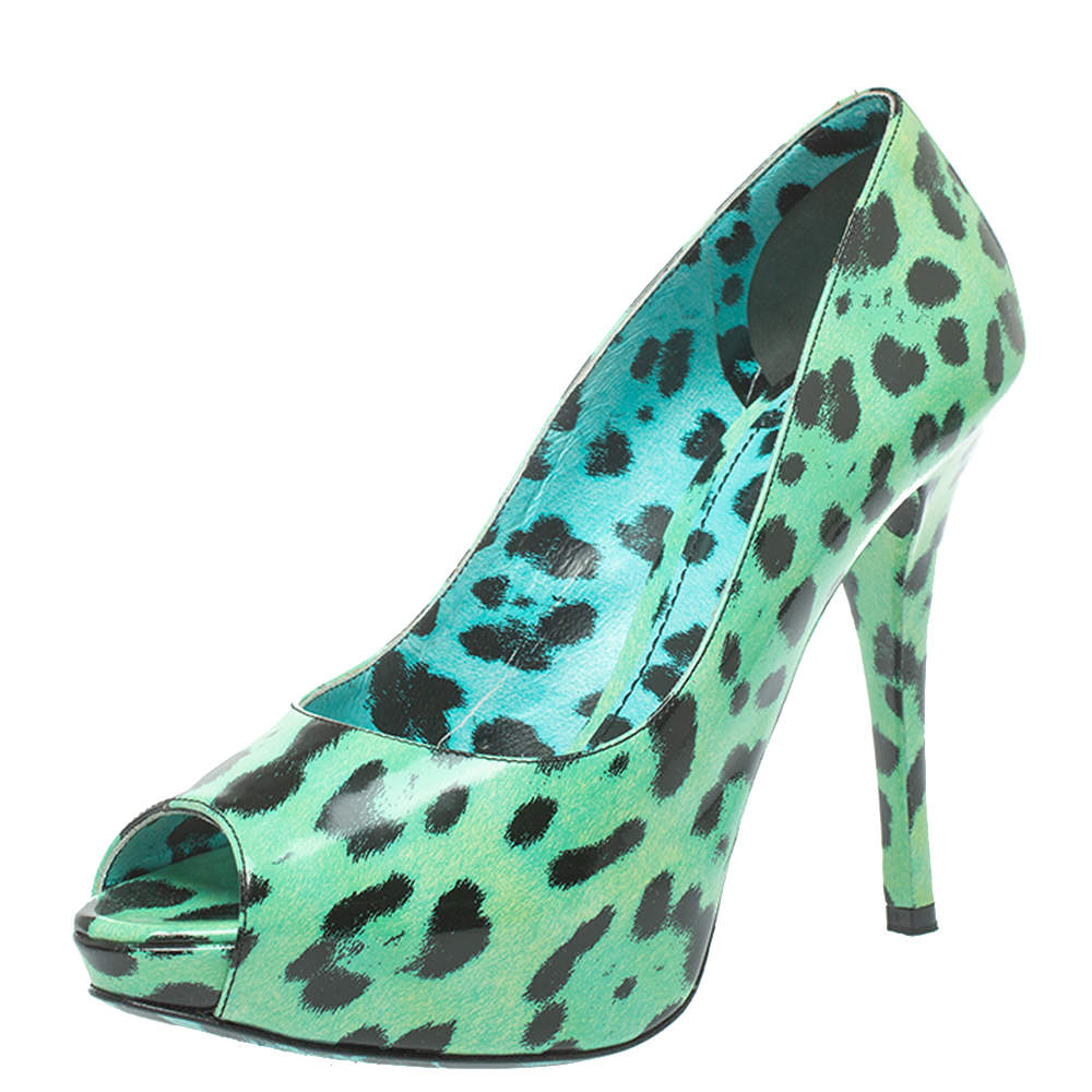 Pre Owned  Dolce & Gabbana Green/Black Leopard Print Patent Leather Peep Toe Platform Pumps Size 39