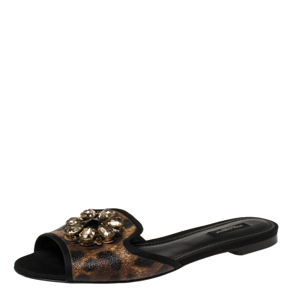 Pre Owned Dolce & Gabbana Brown Leopard Printed Coated Canvas Embellished Flat Slides Size 40.5