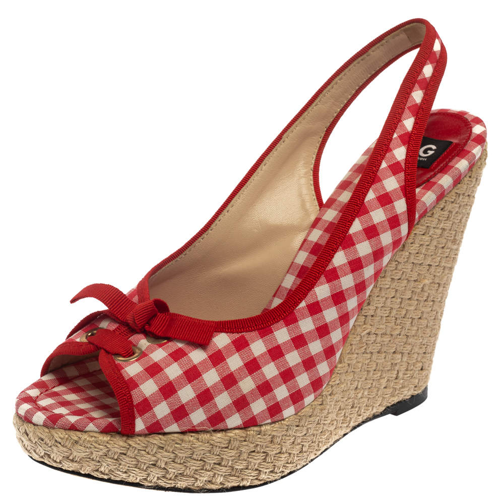 Dolce & Gabbana Red/White Check Fabric Wedge Slingback Sandals Size 40