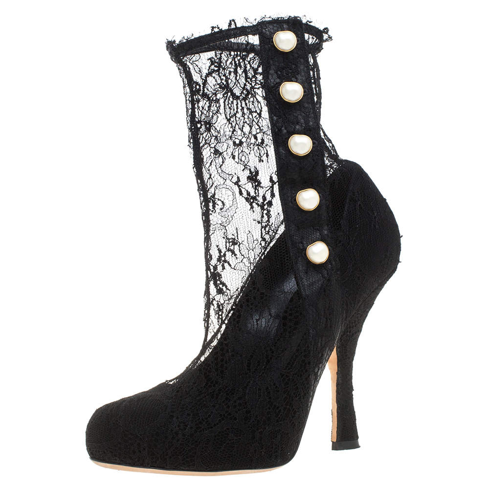 Pre Owned Dolce and Gabbana Black Lace Pearl Embellished Socks Boots Size 38