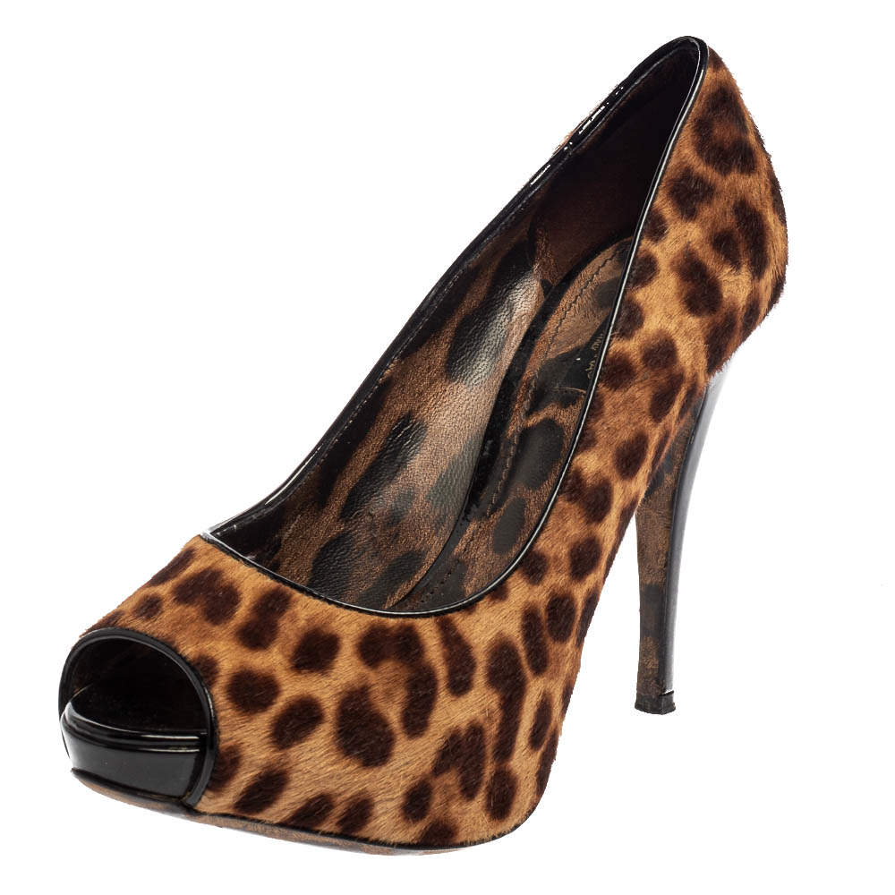 Dolce & Gabbana Brown Leopard Print Pony Hair Peep Toe Platform Pumps Size 37.5