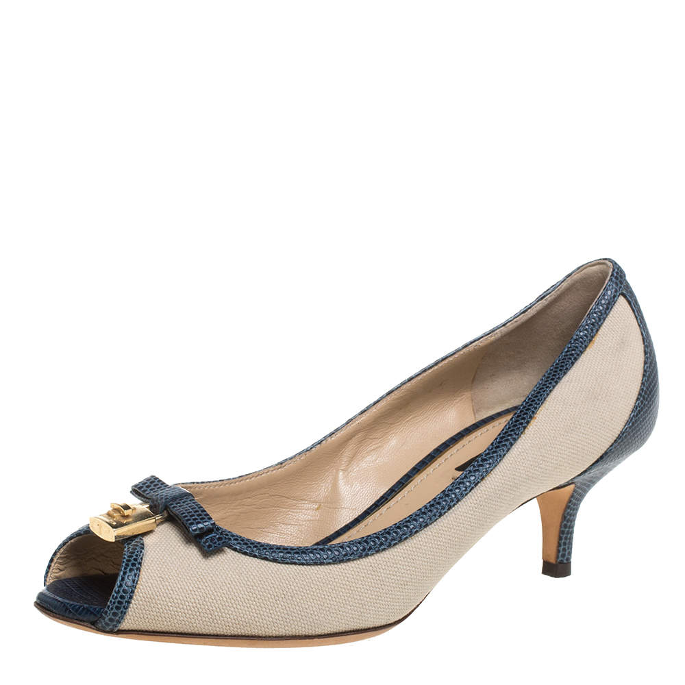 Dolce & Gabbana Beige /Blue Canvas And Lizard Embossed Leather Pumps Size 36