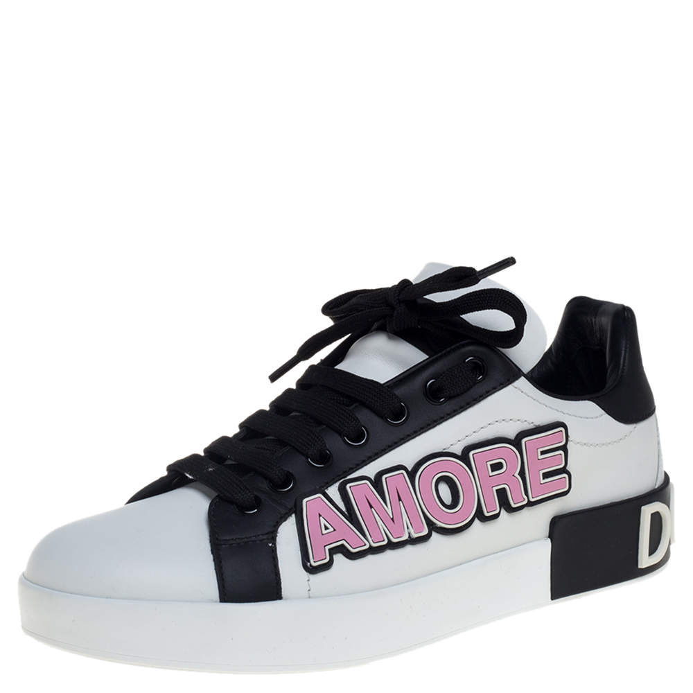 Dolce & Gabbana White/Black Leather Portofino Love Patch Low Top Sneakers Size 38.5