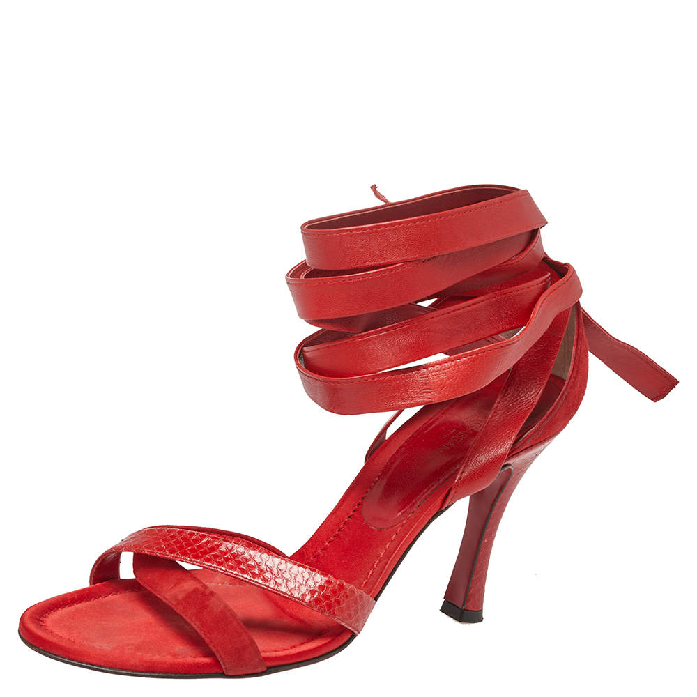 Pre Owned Dolce & Gabbana Red Python Embossed Leather And Suede Ankle Wrap Sandals Size 40