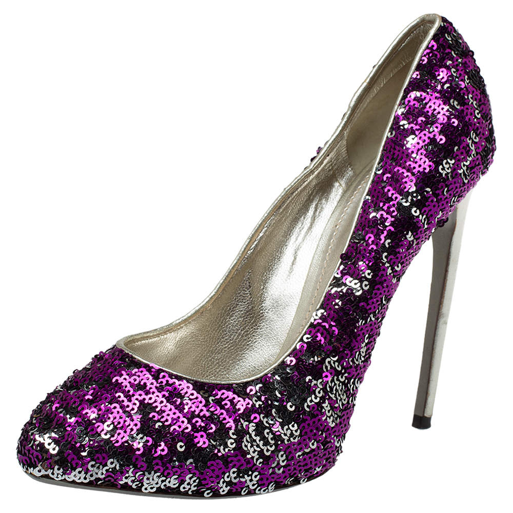 Dolce & Gabbana Purple/Silver Sequins And Leather Pumps Size 40