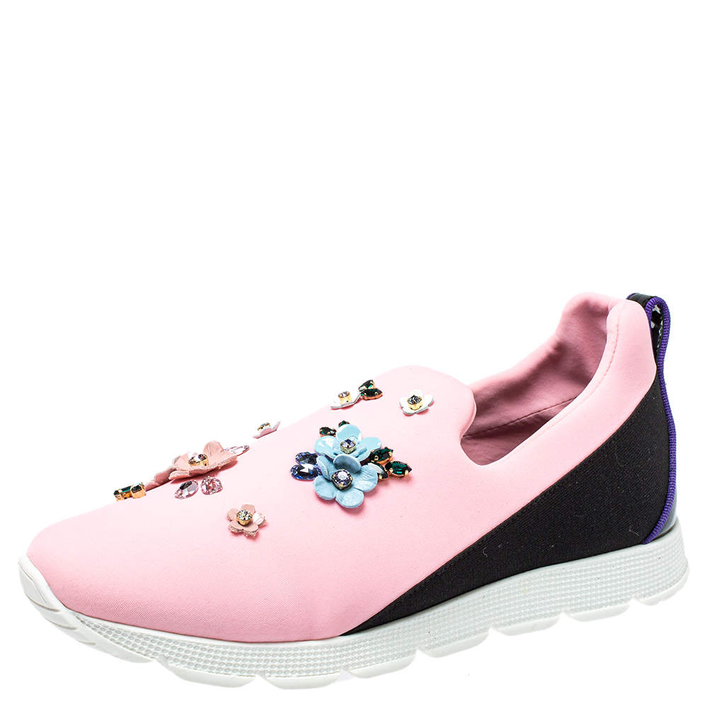 Dolce & Gabbana Pink Neoprene Embellished Slip On Sneakers Size 38