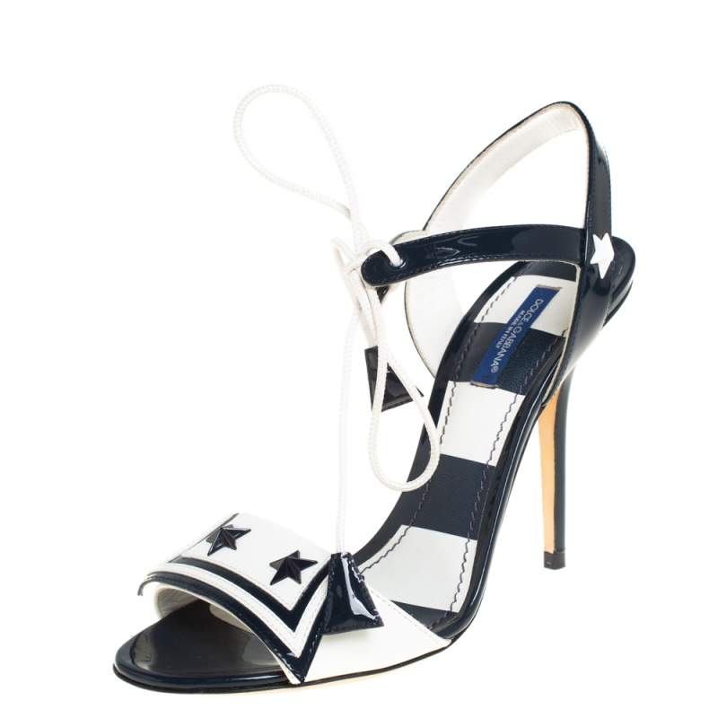 Pre Owned Dolce & Gabbana Navy Blue/White Patent Leather Keira Ankle Tie Open Toe Sandals Size 38