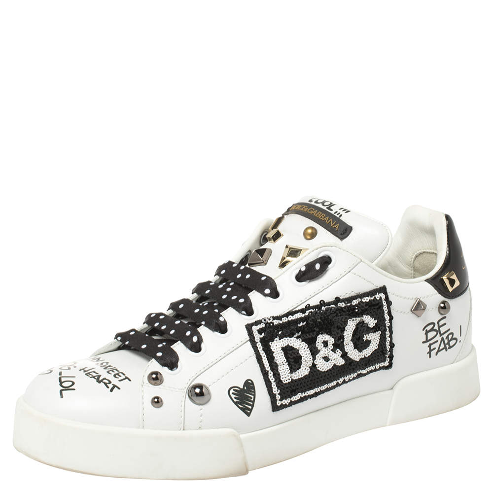 Dolce & Gabbana Black/White Leather Portofino With Patch And Embroidery Low Top Sneakers Size 39
