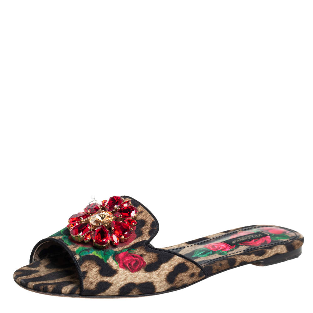 Dolce & Gabbana Brown Leopard And Floral Print Canvas Crystal Embellished Slip On Mules Sandals Size 38